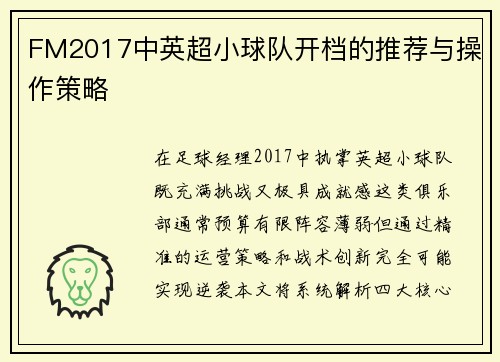 FM2017中英超小球队开档的推荐与操作策略
