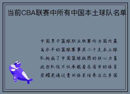 当前CBA联赛中所有中国本土球队名单